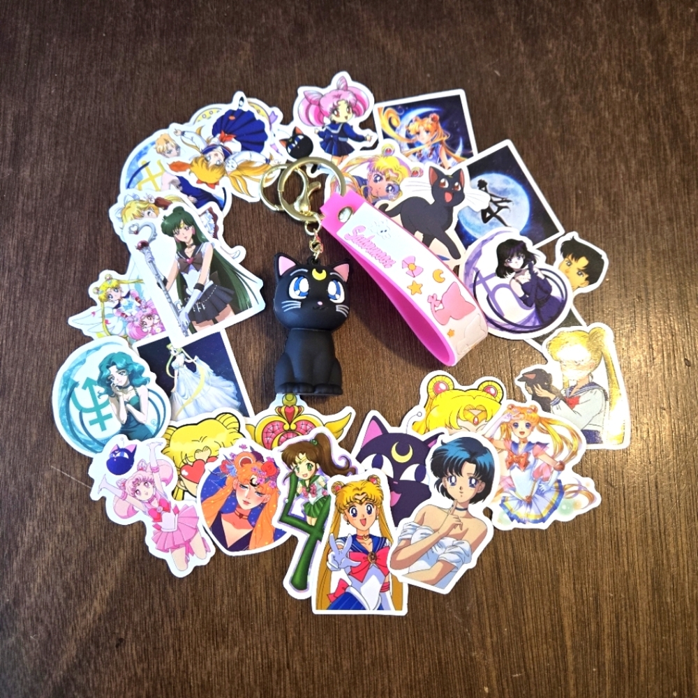 5 For $25 Sailor Moon Luna Key Chain and Stickers Anime Cartoon Animated Cat